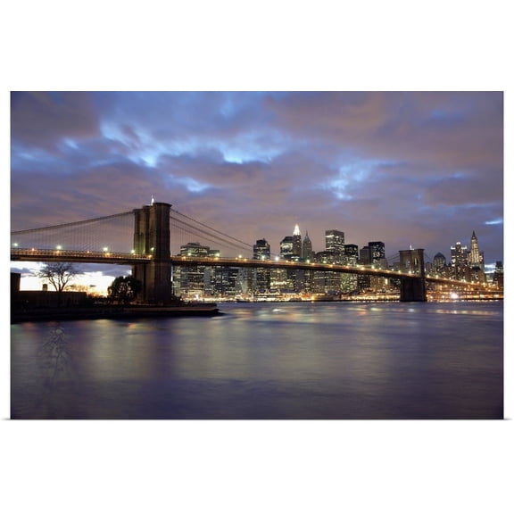 Great BIG Canvas | "Brooklyn Bridge And Lower Manhattan At Dusk, New York City, NY" Art Print - 48x32