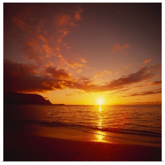 Great BIG Canvas | "Calm Shoreline Ocean Waters With Orange Reflections From Sunset" Art Print - 16x16