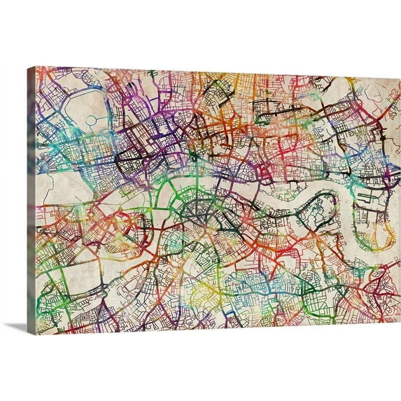 Great BIG Canvas | "Color art map of London with no street names" Canvas Wall Art - 24x16