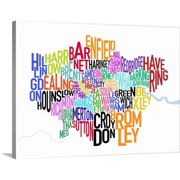 Great BIG Canvas | "Colored text map of London showing borough names" Canvas Wall Art - 24x18