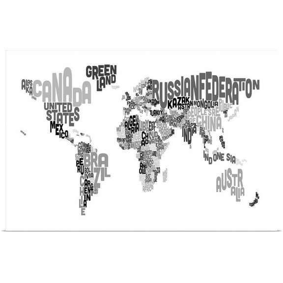 Great BIG Canvas | "Country Names World Map, Black and White" Art Print - 30x20