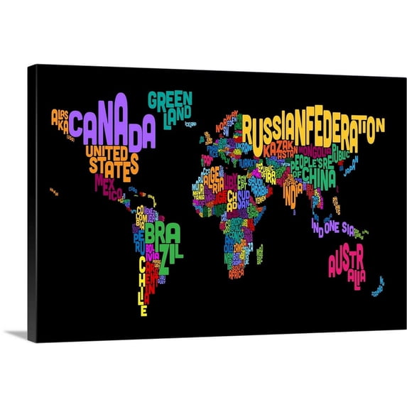 Great BIG Canvas | "Country Names World Map, Multicolor on Black" Canvas Wall Art - 24x16