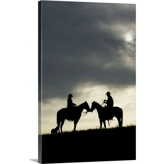 Great BIG Canvas | "Cowboy and cowgirl silhouette at sunset, Yosemite, California" Canvas Wall Art - 32x48