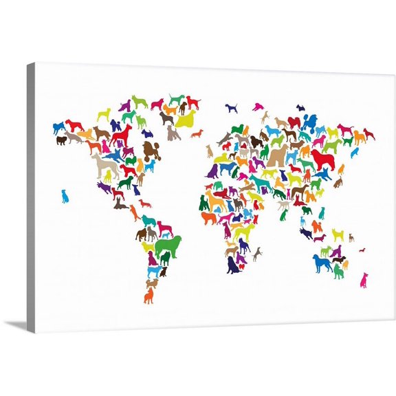 Great BIG Canvas | "Dogs Map of the World Map" Canvas Wall Art - 48x32