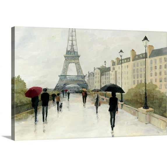 Great BIG Canvas | "Eiffel in the Rain, Marsala Umbrella" Canvas Wall Art - 24x16