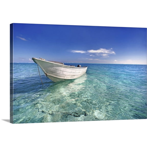 Great BIG Canvas | "French Polynesia, Tahiti, Bora Bora, White Boat Floating On Turquoise Water" Canvas Wall Art - 24x16