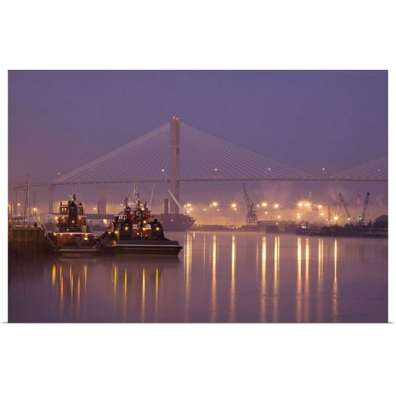 Great BIG Canvas | "Georgia, Savannah, Tugboats and bridge at dawn along the Savannah River" Art Print - 30x20