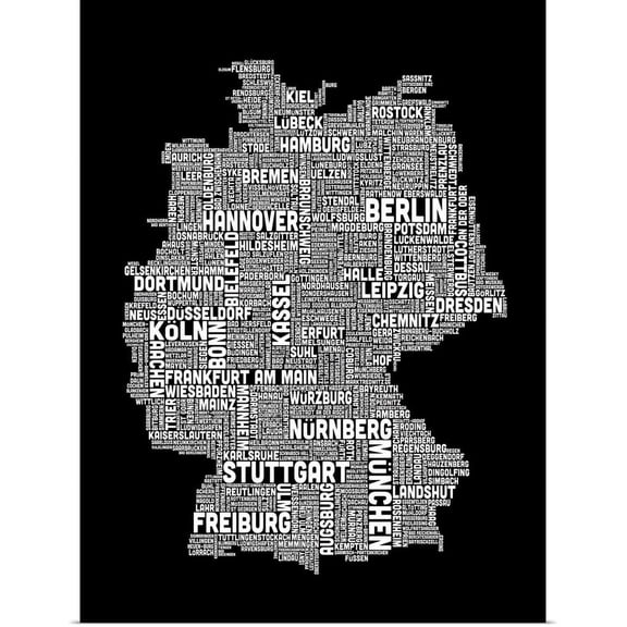 Great BIG Canvas | "German Cities Text Map, Black and White" Art Print - 18x24