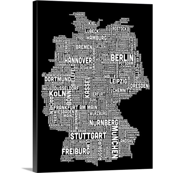 Great Big Canvas "German Cities Text Map, Black and White"  by Michael Tompsett White Gray   Wrapped Canvas Print Wall Artwork