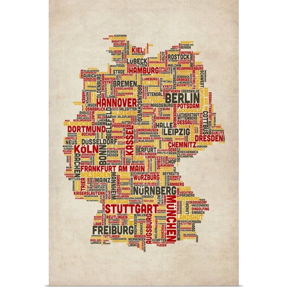 Great BIG Canvas | "German Cities Text Map, German Colors on Parchment" Art Print - 32x48