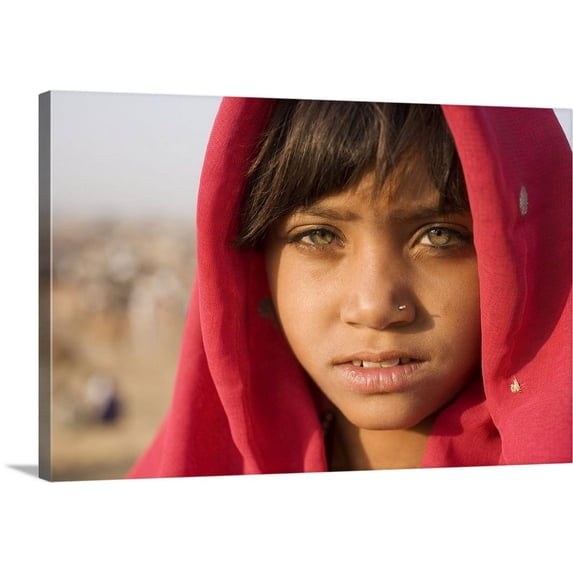 Great BIG Canvas | "Girl with red scarf at the Pushkar camel festival, Rajistan, India" Canvas Wall Art - 48x32