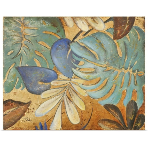 Great BIG Canvas | "Gold and Aqua Leaves I" Art Print - 30x24