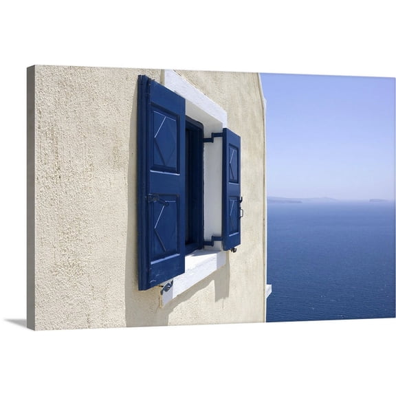 Great BIG Canvas | "Greece, Santorini, Thira, Blue-Shuttered Window In Pale Yellow Wall" Canvas Wall Art - 24x16