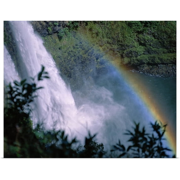 Great BIG Canvas | "Hawaii, Kauai, View Looking Down Wailua Falls With Rainbow Arching" Art Print - 30x24