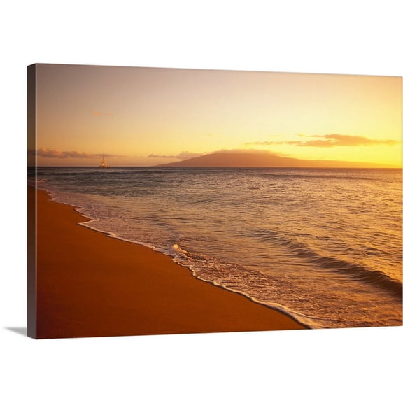 Great BIG Canvas | "Hawaii, Maui, Hazy Orange Sunset Over Ka'anapali Beach, Gentle Waves" Canvas Wall Art - 24x16