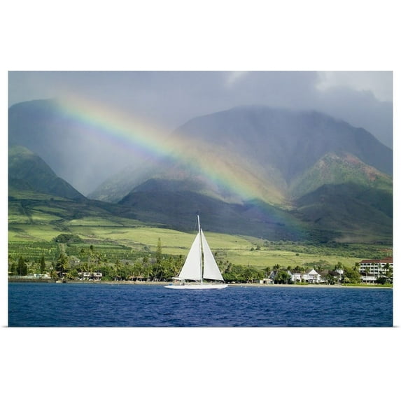 Great BIG Canvas | "Hawaii, Maui, Lahaina, Rainbow In Front Of West Mauis Mountain Range" Art Print - 48x32