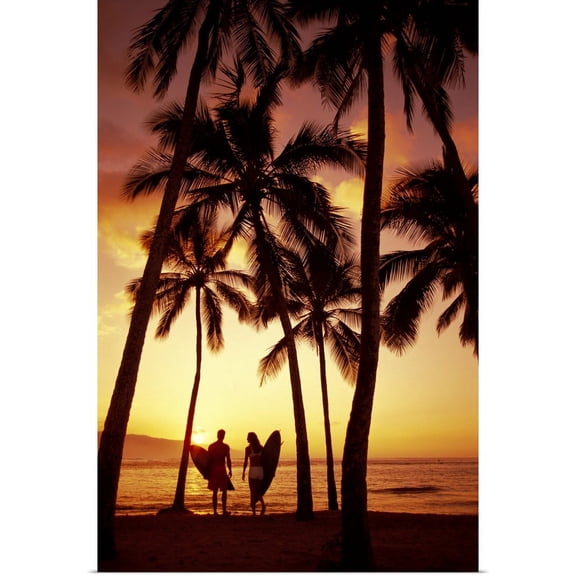 Great BIG Canvas | "Hawaii, Oahu, North Shore, Couple Walk Under Palms With Surfboards At Sunset" Art Print - 32x48