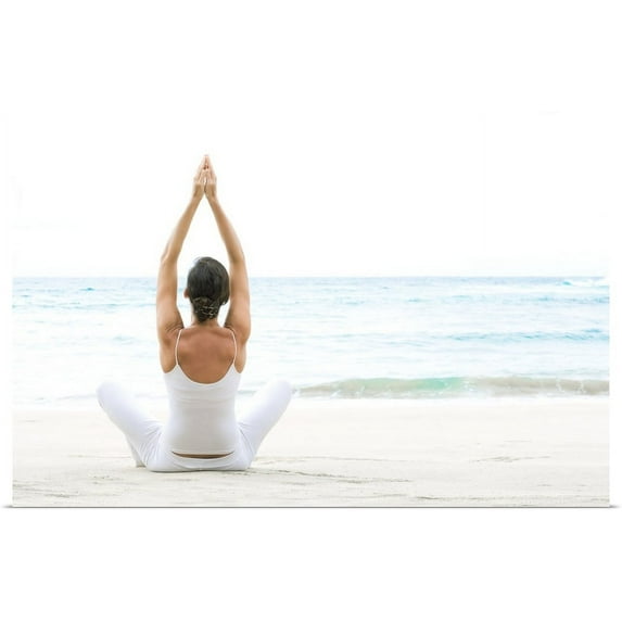 Great BIG Canvas | "Hawaii, Woman Meditating On Ocean Shore" Art Print - 48x32