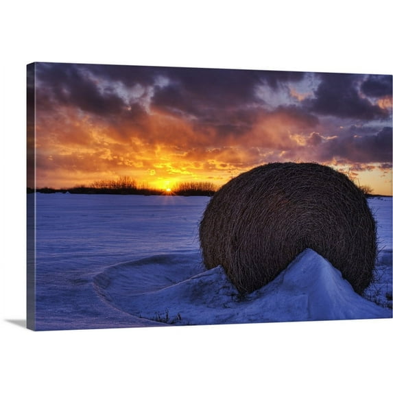 Great BIG Canvas | "Hay Bale On Field With Sunset, Namao, Alberta, Canada" Canvas Wall Art - 30x20