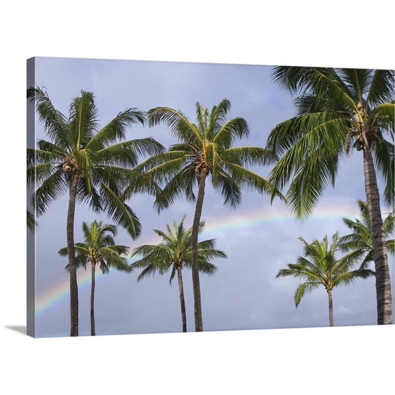 Great BIG Canvas | "Hi, Oahu, Rainbow And Coconut Palm Trees Over Pearl Harbor" Canvas Wall Art - 24x16