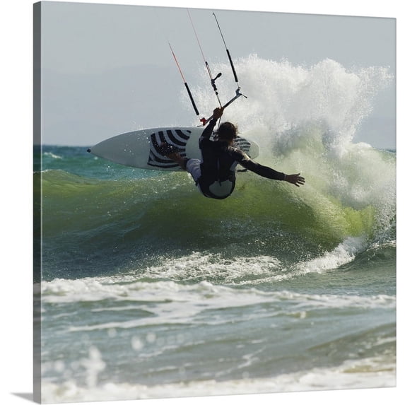 Great BIG Canvas | "Kitesurfer Catching A Wave" Canvas Wall Art - 30x30