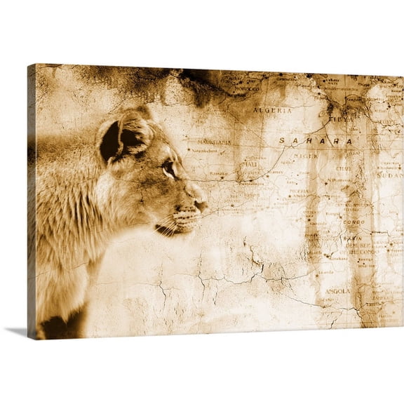 Great BIG Canvas | "Lion In Front Of An Old Map Of Africa" Canvas Wall Art - 24x16
