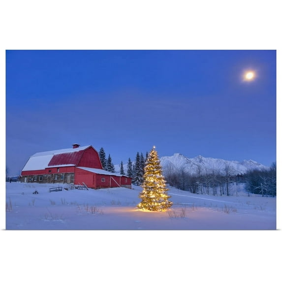 Great BIG Canvas | "Lit christmas tree in a snow covered field standing in front of a red barn" Art Print - 30x20