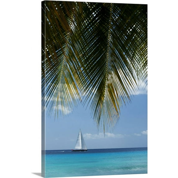 Great BIG Canvas | "Looking Through Palm Trees To Large Yacht Off The West Coast Of Barbados" Canvas Wall Art - 20x30