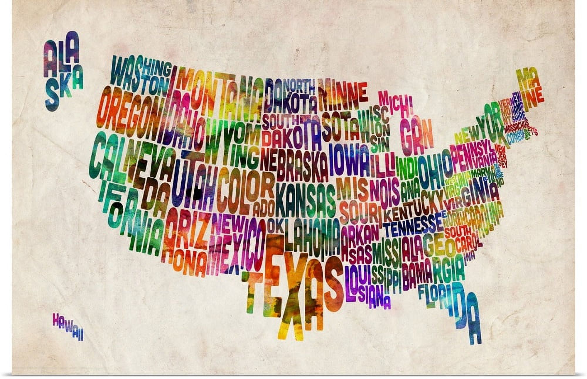 Great BIG Canvas "Map of USA showing State names in text" Art Print