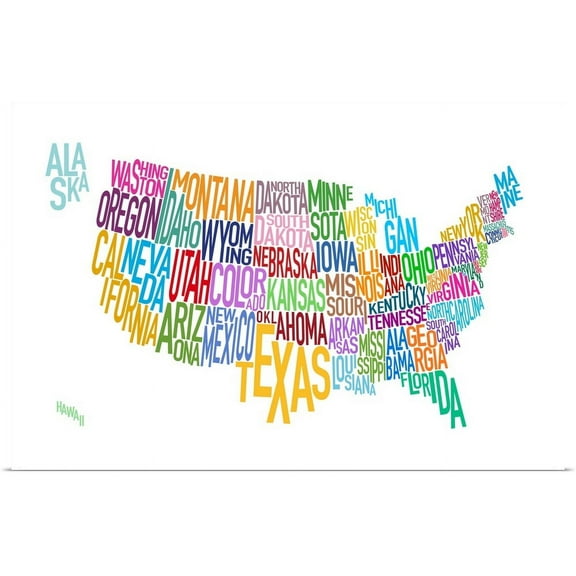 Great BIG Canvas | "Map of USA showing State names in text" Art Print - 48x32