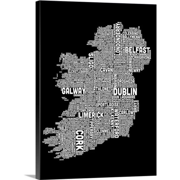 Great BIG Canvas Michael Tompsett Premium Thick-Wrap Canvas entitled Irish Cities Text Map, Black and White