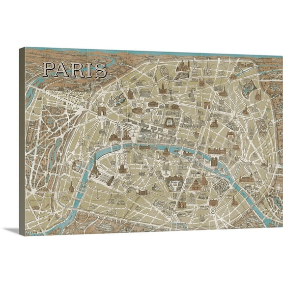 Great BIG Canvas | "Monuments of Paris Map - Blue" Canvas Wall Art - 48x32