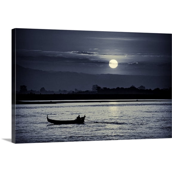 Great BIG Canvas | "Moonrise on the water in Mandalay, Burma" Canvas Wall Art - 36x24