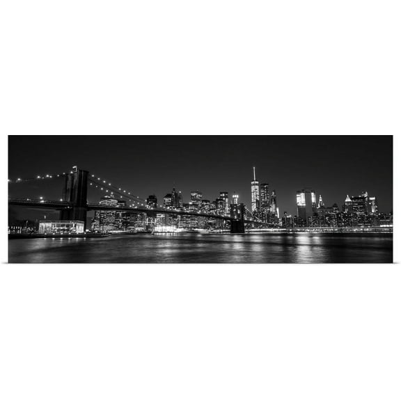 GBC | "New York City Skyline with Brooklyn Bridge in Foreground, at Night" Art Print - 60x20