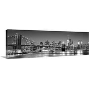 Great BIG Canvas | "New York City Skyline with Brooklyn Bridge in Foreground, at Night" Canvas Wall Art - 60x20