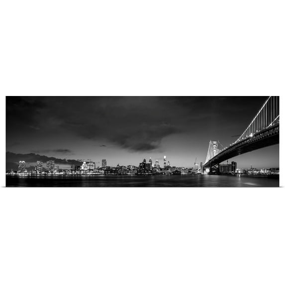Great BIG Canvas | "Philadelphia City Skyline at Night with Benjamin Franklin Bridge, Black and White" Art Print - 60x20