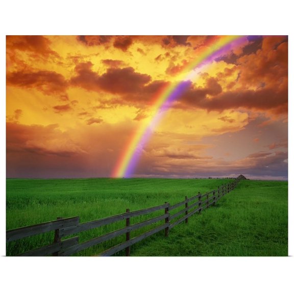 Great BIG Canvas | "Rainbow In Country Field With Gold Clouds" Art Print - 30x24
