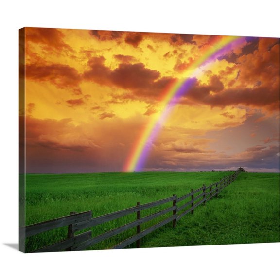 Great BIG Canvas | "Rainbow In Country Field With Gold Clouds" Canvas Wall Art - 20x16