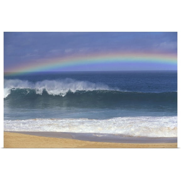 Great BIG Canvas | "Rainbow Over Shore Break Beach Foreground, Horizon And Blue Sky" Art Print - 24x16
