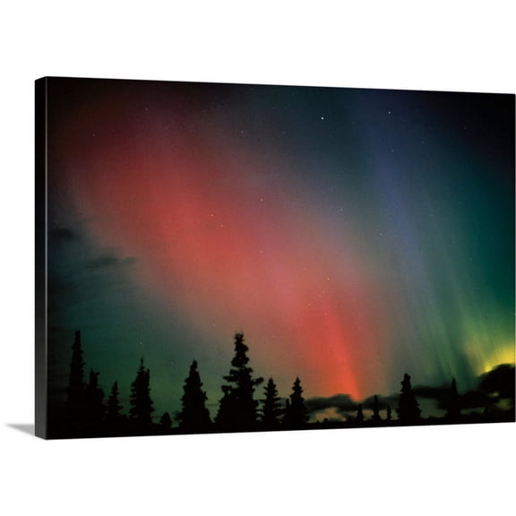 Great BIG Canvas | "Red & Green Northern Lights Winter Alaska" Canvas Wall Art - 48x32