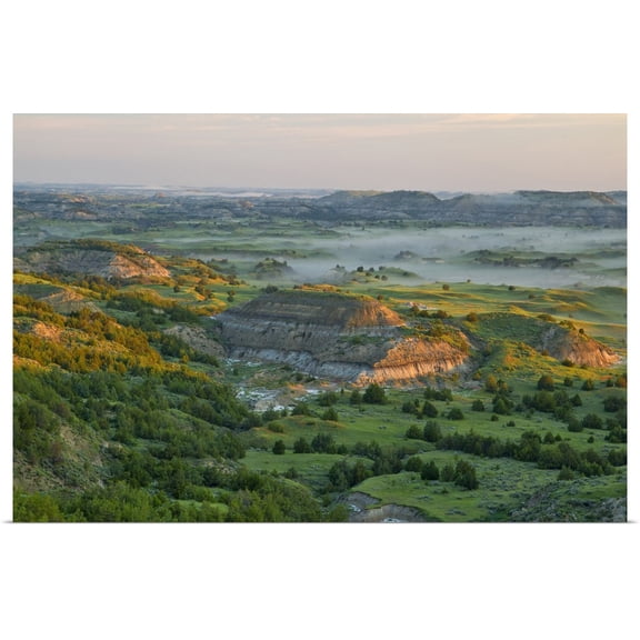 Great BIG Canvas | Rolled Chuck Haney Poster Print entitled Morning fog on the badlands at Theodore Roosevelt National Park, North Dakota