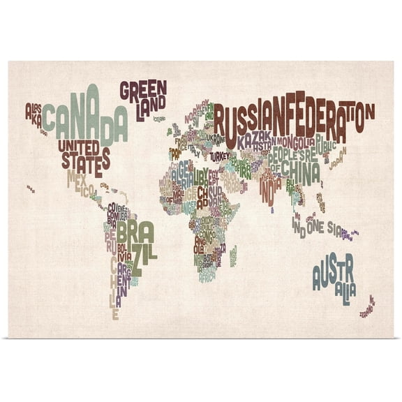 Great BIG Canvas | Rolled Michael Tompsett Poster Print entitled Country Names World Map, Muted Colors on Parchment