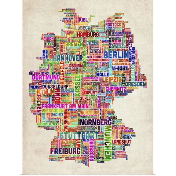 Great BIG Canvas | Rolled Michael Tompsett Poster Print entitled German Cities Text Map, Multicolor on Parchment