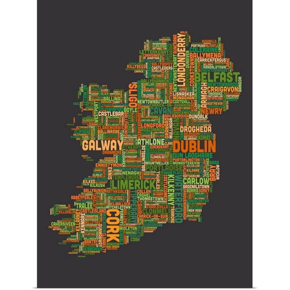 Great BIG Canvas | Rolled Michael Tompsett Poster Print entitled Irish Cities Text Map, Irish Colors on Grey