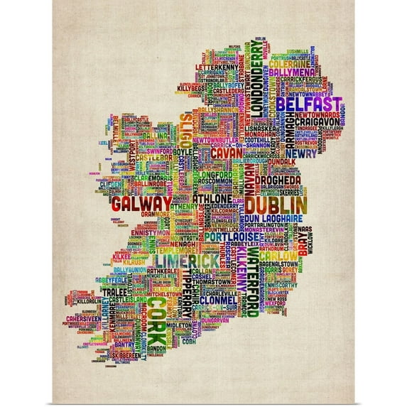 Great BIG Canvas | Rolled Michael Tompsett Poster Print entitled Irish Cities Text Map, Multicolor on Parchment