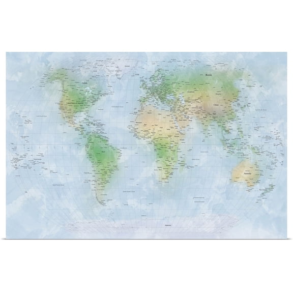 Great BIG Canvas | Rolled Michael Tompsett Poster Print entitled Traditional world map with city names