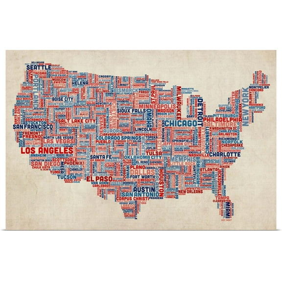 Great BIG Canvas | Rolled Michael Tompsett Poster Print entitled United States Cities Text Map, US Colors on Parchment