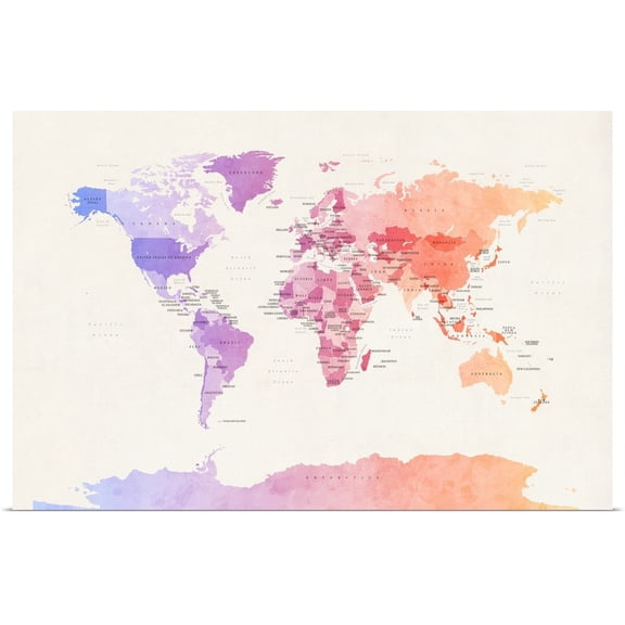 Great BIG Canvas | Rolled Michael Tompsett Poster Print entitled Watercolour Political Map of the World