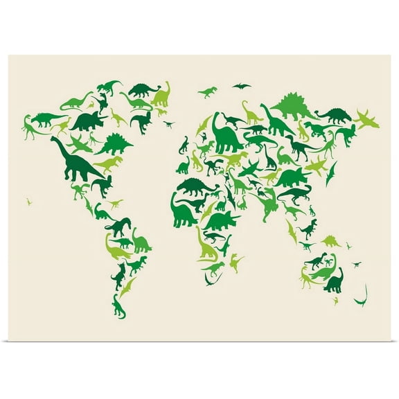 Great BIG Canvas | Rolled Michael Tompsett Poster Print entitled World Map Dinosaurs, Green