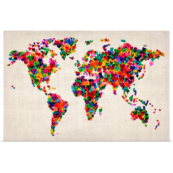 Great BIG Canvas | Rolled Michael Tompsett Poster Print entitled World Map Hearts, Multicolor on Parchment